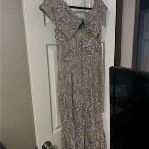 Xscape Silver-Embellished Beige Maxi Dress